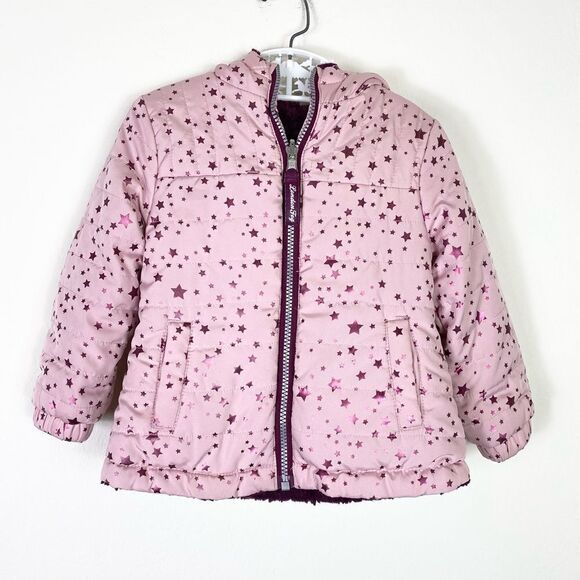 Reversible London Fog Little Girls Pink & Metallic Purple Star Puffer Jacket - Picture 2 of 5